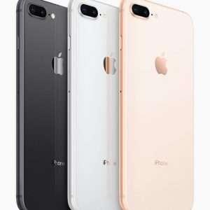 Three iPhone 8 Plus models shown from the back, standing side by side in black, white, and gold colors. The phones display the Apple logo and dual rear cameras.