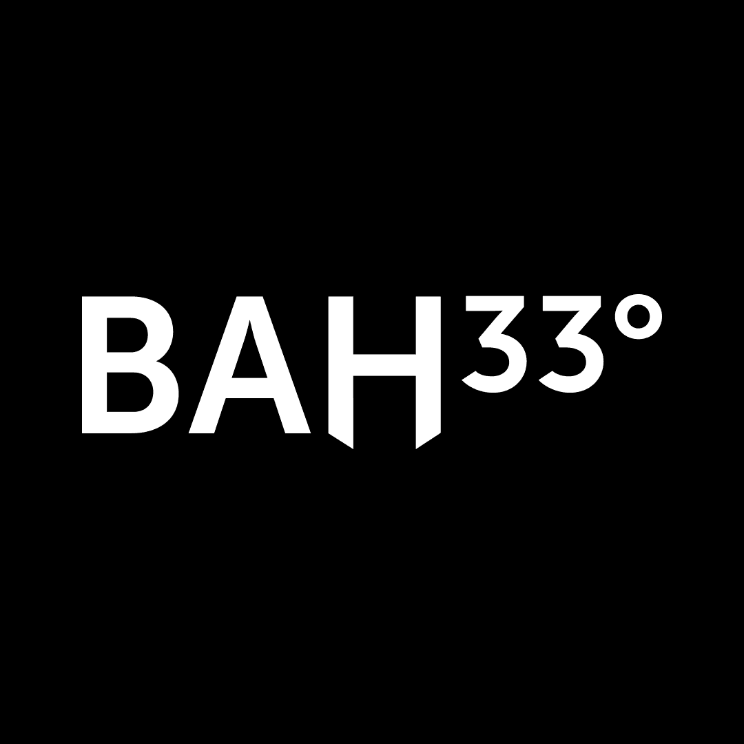 Logo for BAH 33°, featuring bold white uppercase text on a solid black background. The number '33' is followed by a degree symbol, suggesting a specific theme or branding identity.
